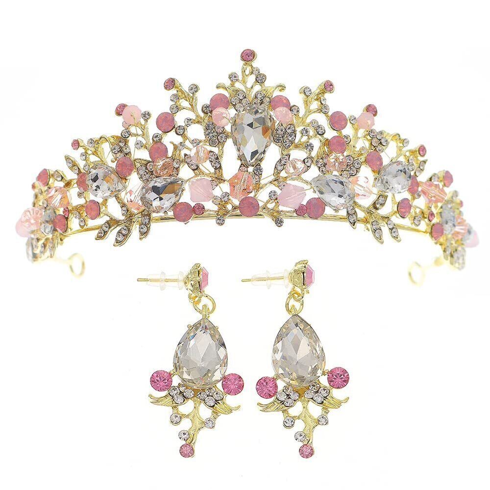 8163 Queen Tiaras Flower Wedding Crowns with Earrings Baroque Princess Pink